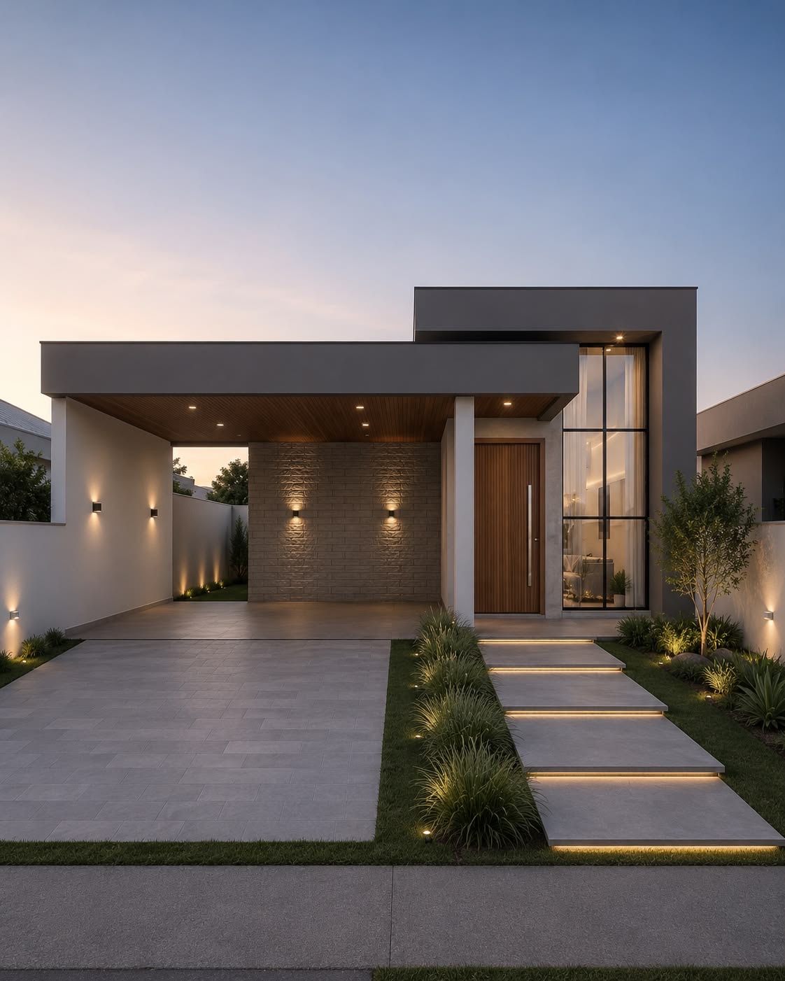Fachada de casa moderna iluminada ao anoitecer